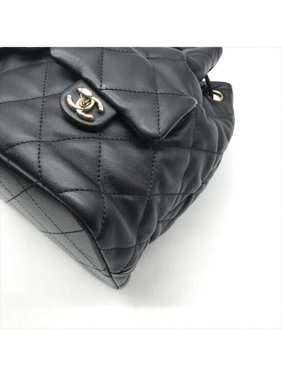Chanel Quilted Lambskin CC Logo Drawstring Chain Backpack Pack Black